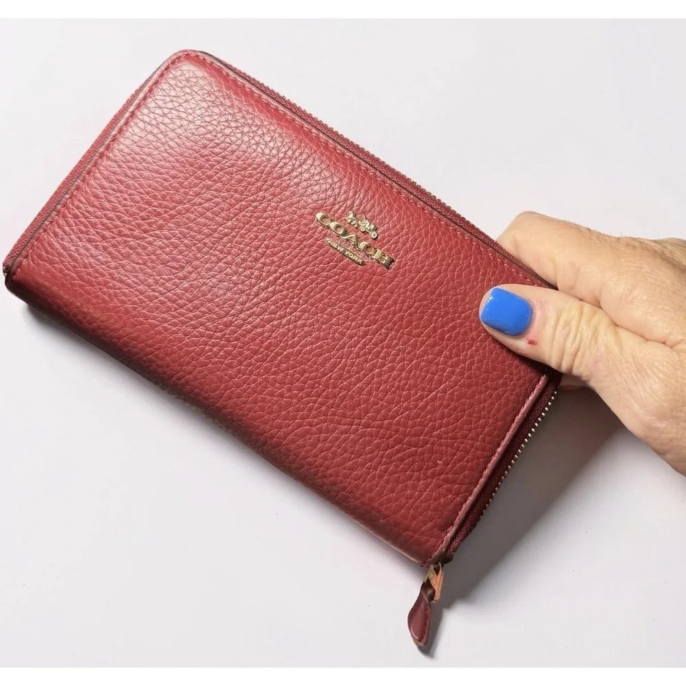 Coach Medium Women's Wallet - Brass/Cherry Red Pebbled Leather Zip (C4124) Lk Nw